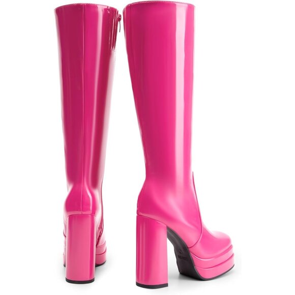 ⚡Women's Hot Pink Faux Leather Platform Heeled Knee High Long Chunky Tall Boot - Picture 3 of 7